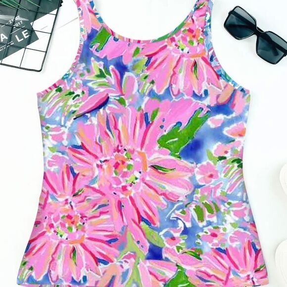 NEW Pink Floral Print Notch Neck Sleeveless Top - Picture 3 of 3